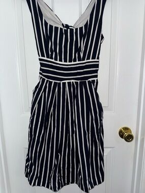 Navy and White Striped Midi Dress with Fitted Waist